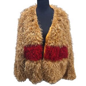 2X Plus Size Tan Color Red Stripe Warm Fuzzy Open Front Jacket Never Worn!